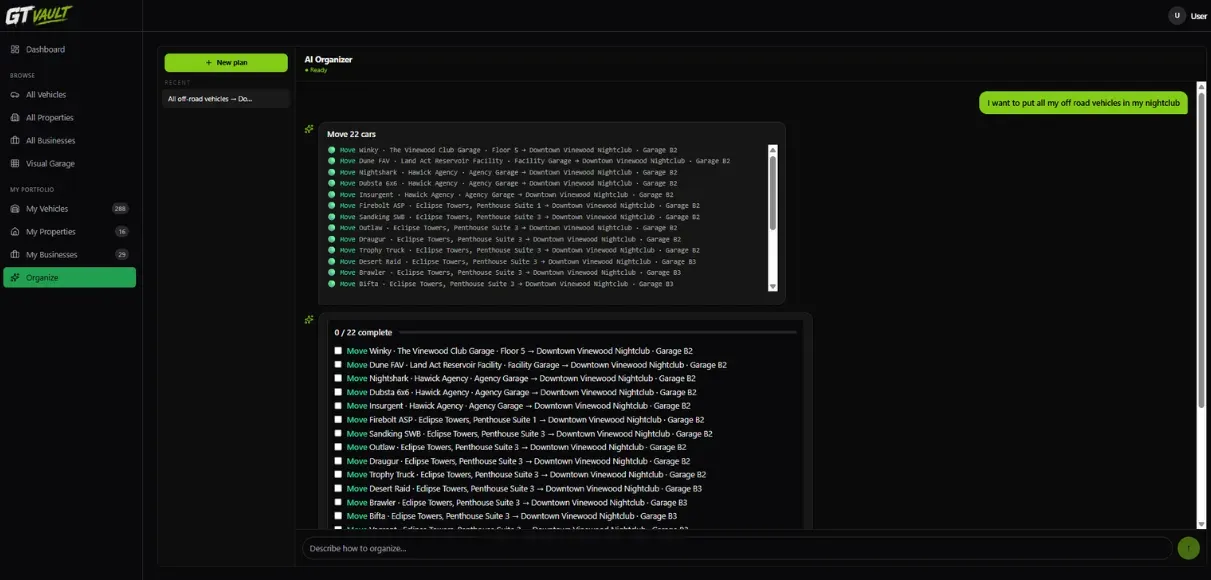 GT Vault AI Organizer turning a natural-language request into a plan of vehicle moves