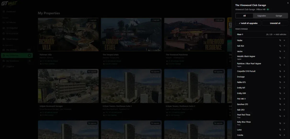 GT Vault property detail showing storage upgrades and assigned vehicles