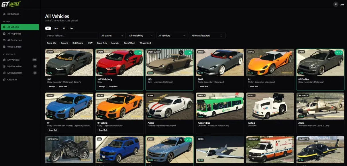 GT Vault vehicles browser showing the GTA V vehicle catalog with owned counts and filters